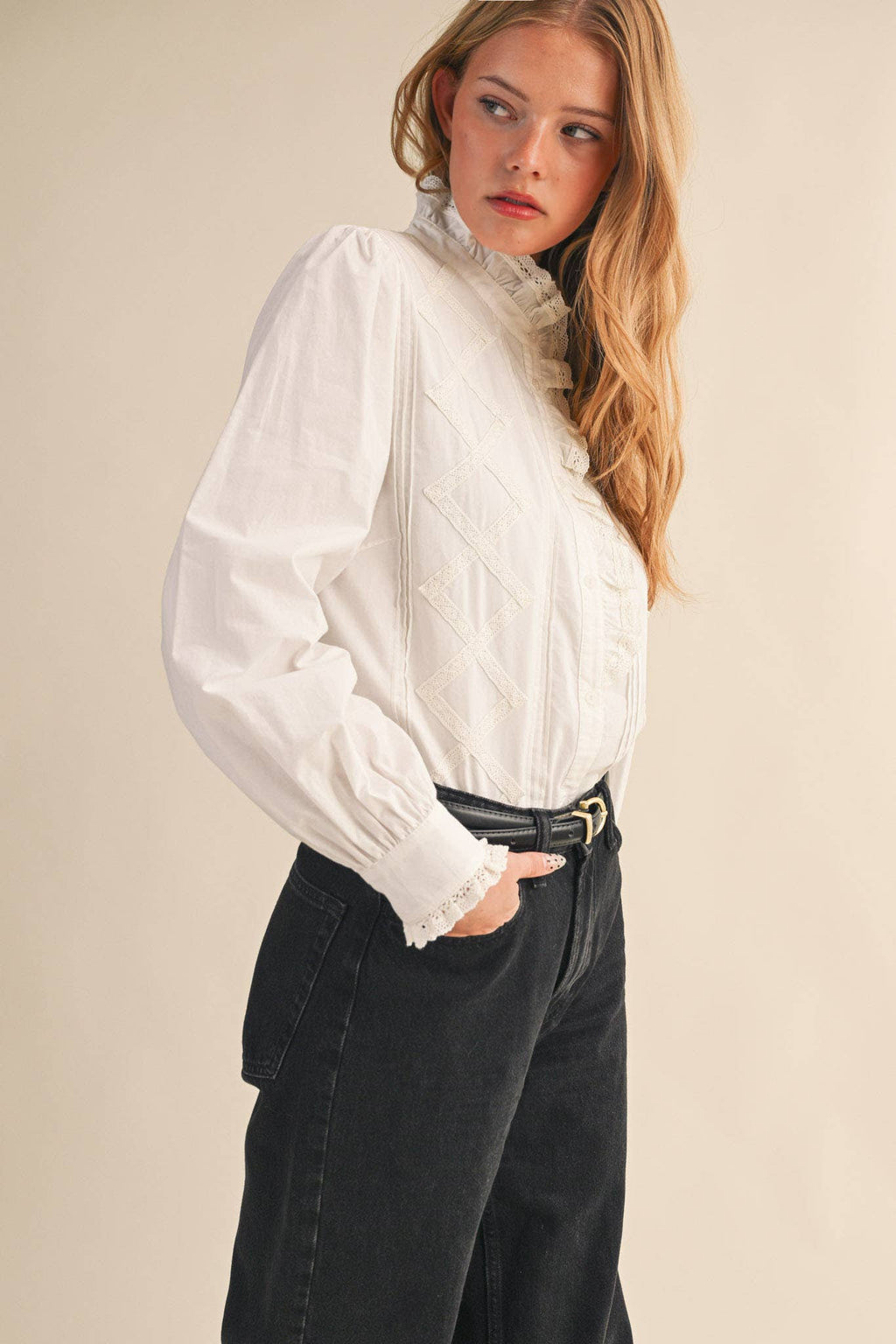 Ruffled Lace Trim Button Down Top