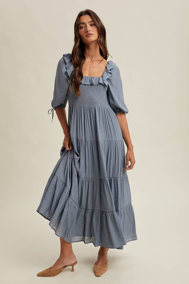 Ruffle Detail Tiered Midi Dress