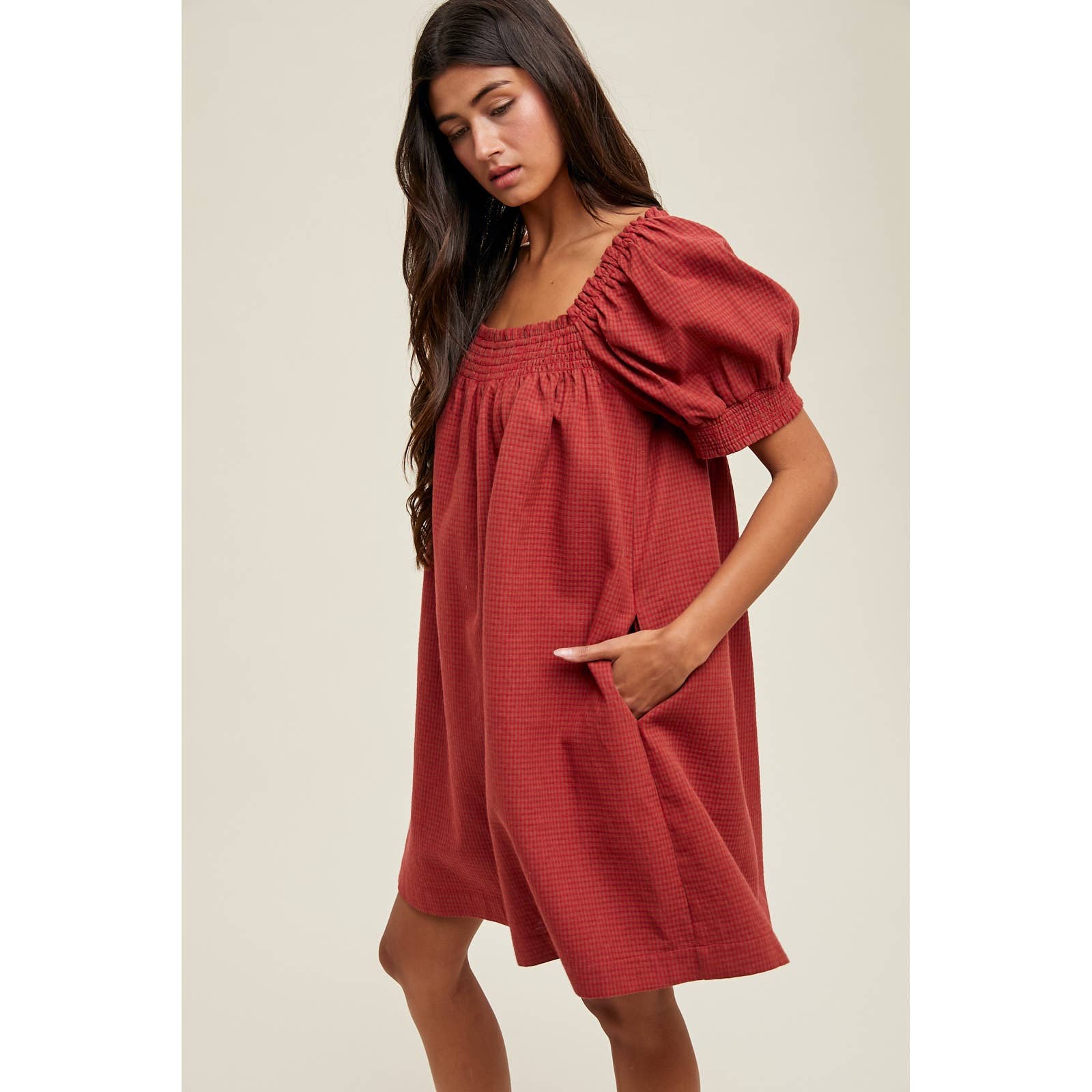 Plaid Puff Sleeve Mini Dress