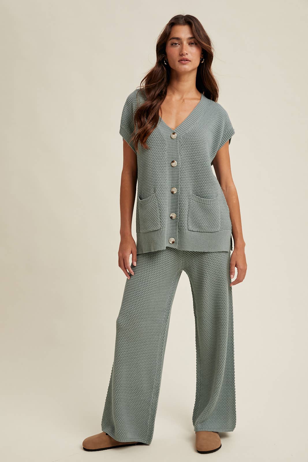 Waffle Knit Button-Up Vest and Pants Set