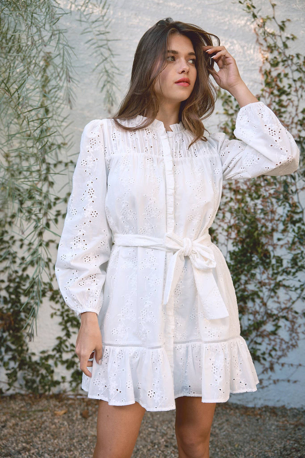 Ruffle Pintuck Dress With Tie