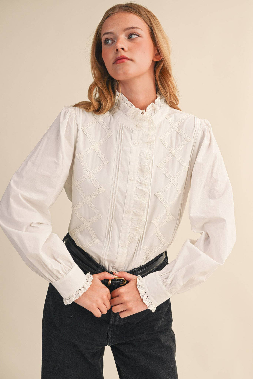Ruffled Lace Trim Button Down Top