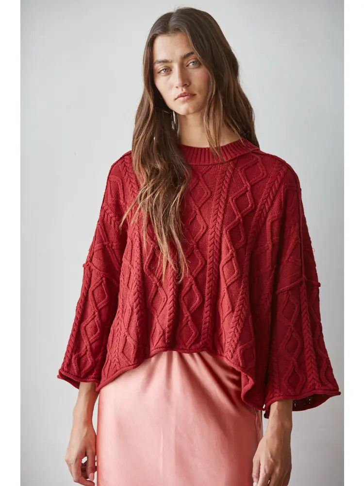 Knit Cable Pullover Sweater in Wine