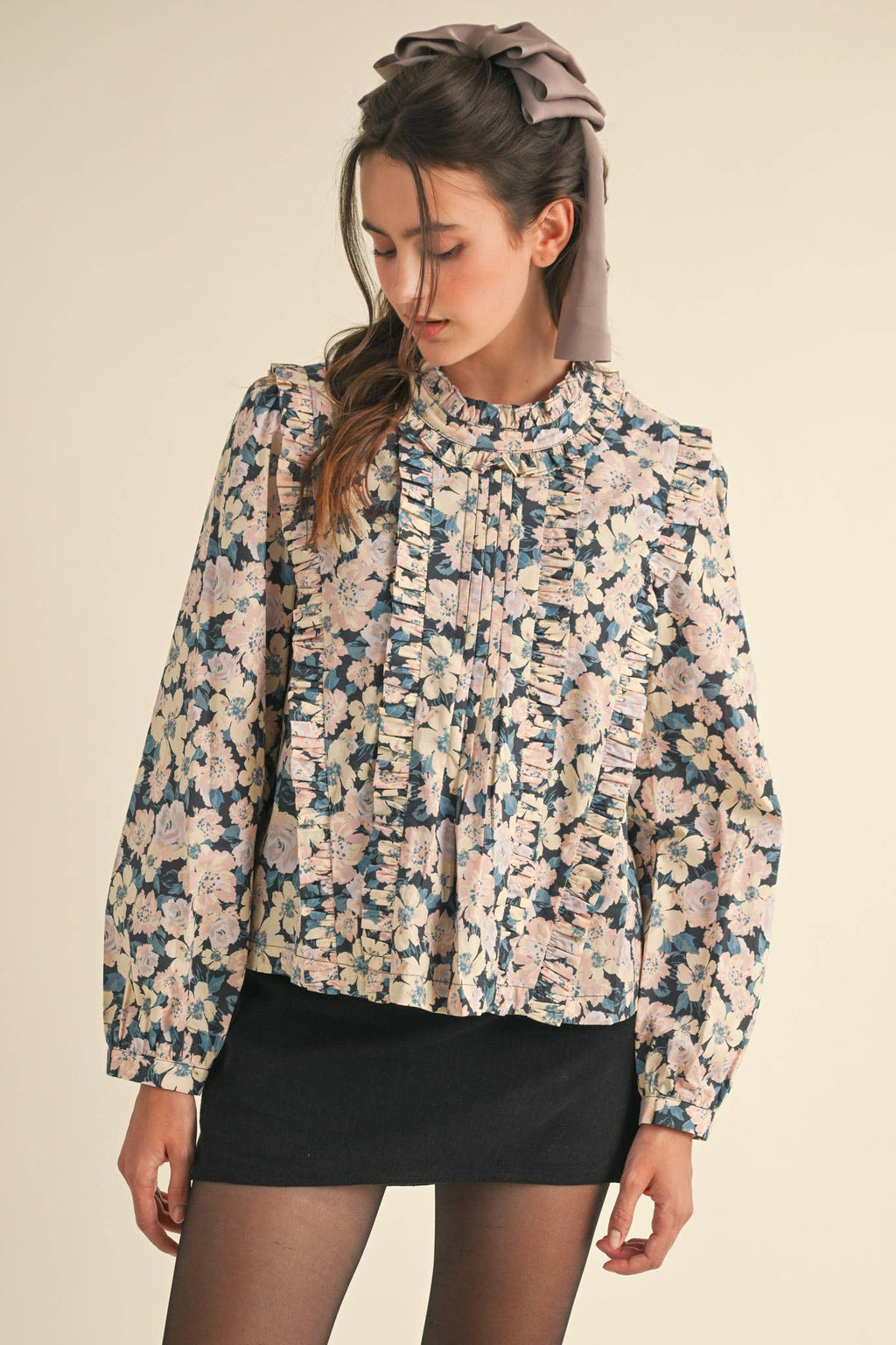 Pintuck Ruffled Floral Top