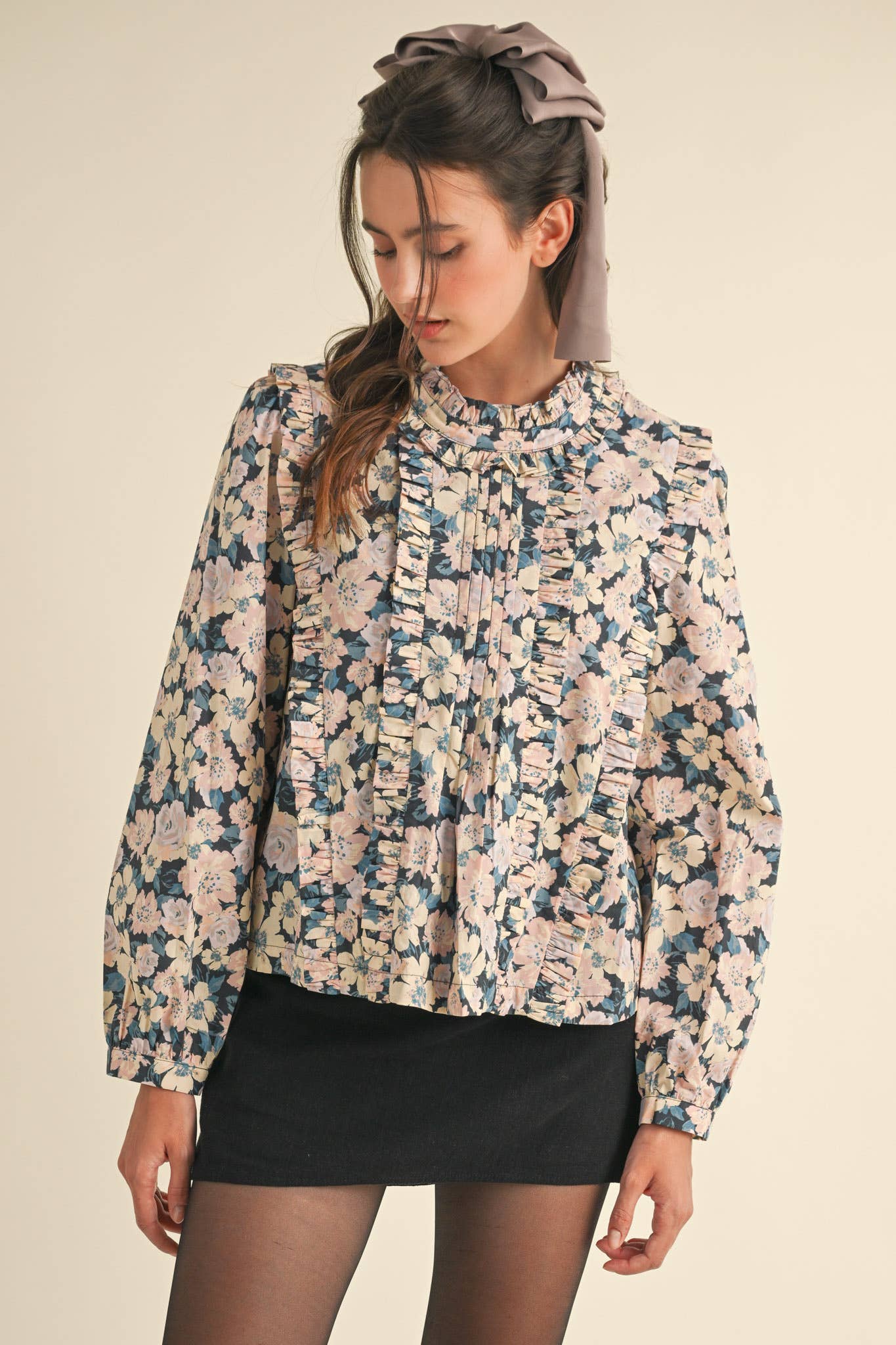 Pintuck Ruffled Floral Top