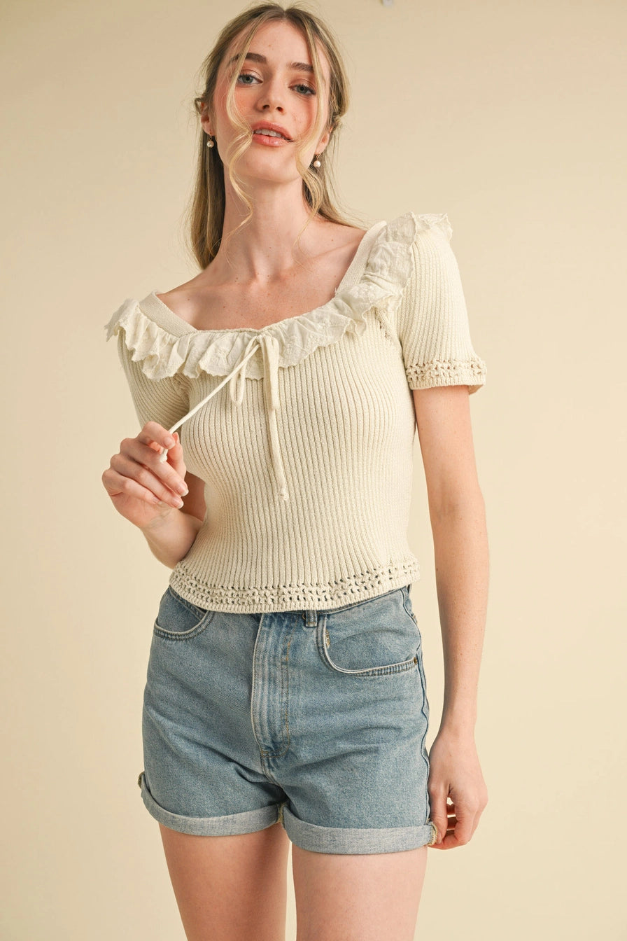 Ecru Ruffle Trim Short Sleeve Sweater