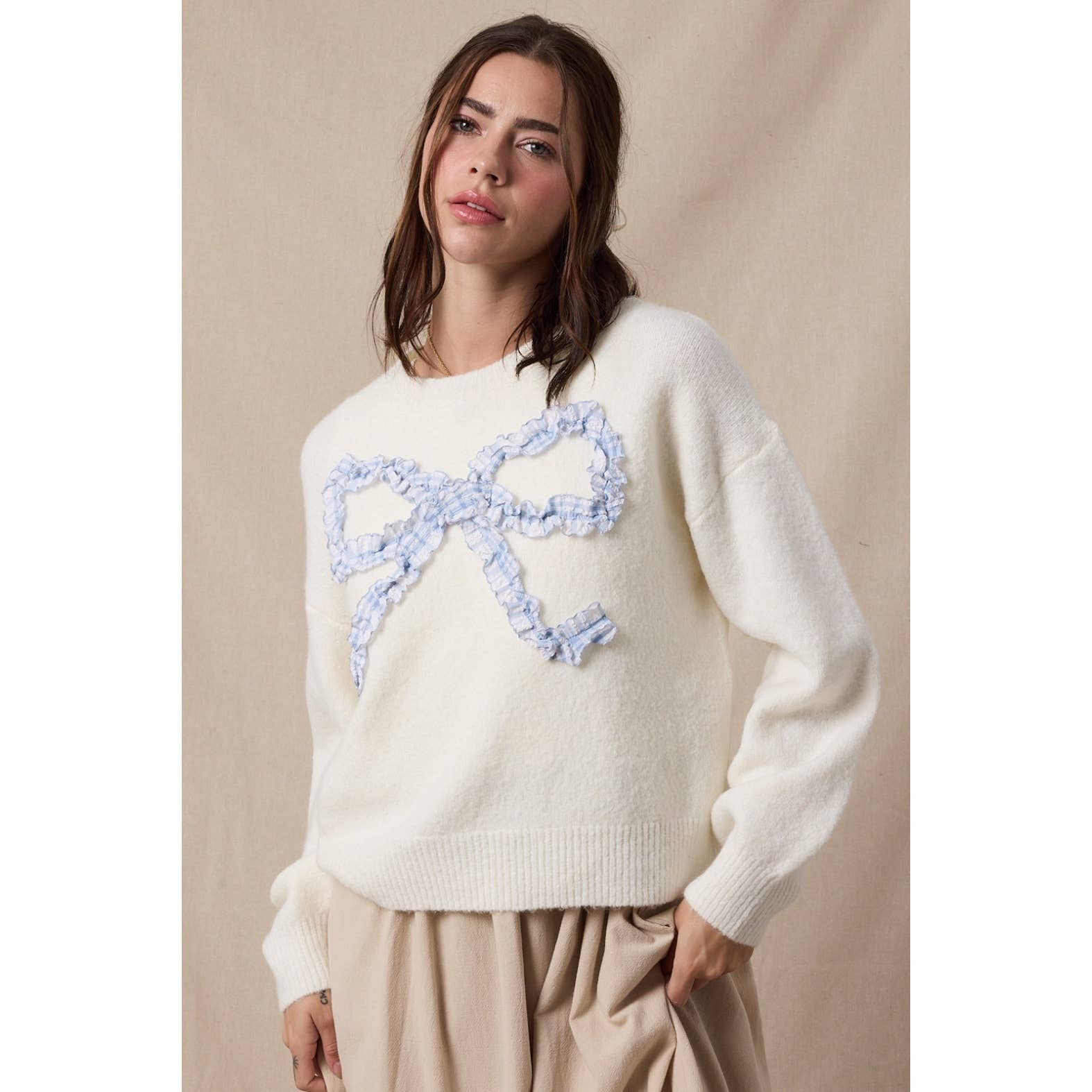 Plaid Bow Brushed Sweater