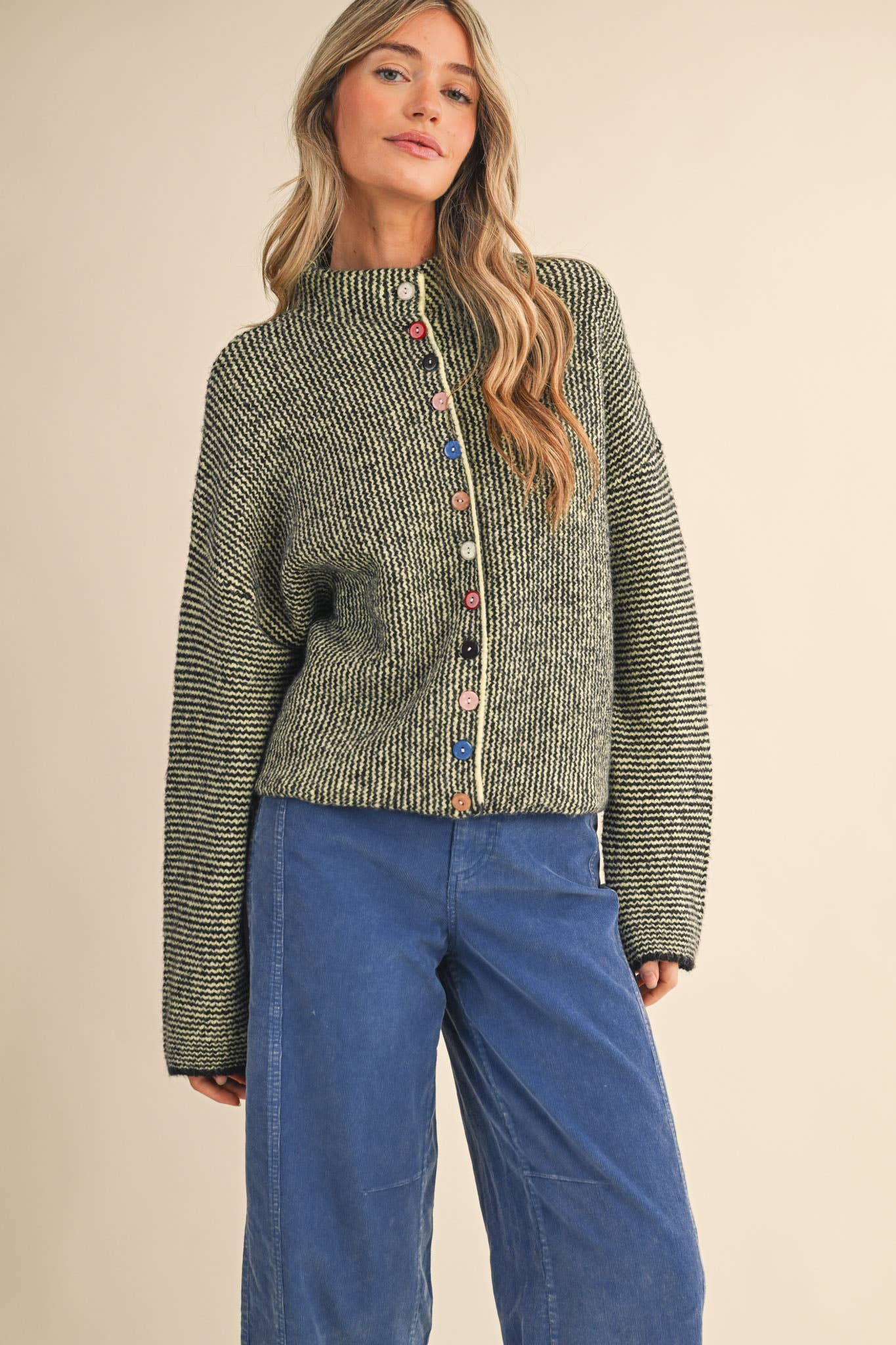 Striped Sweater Cardigan with Colorful Buttons