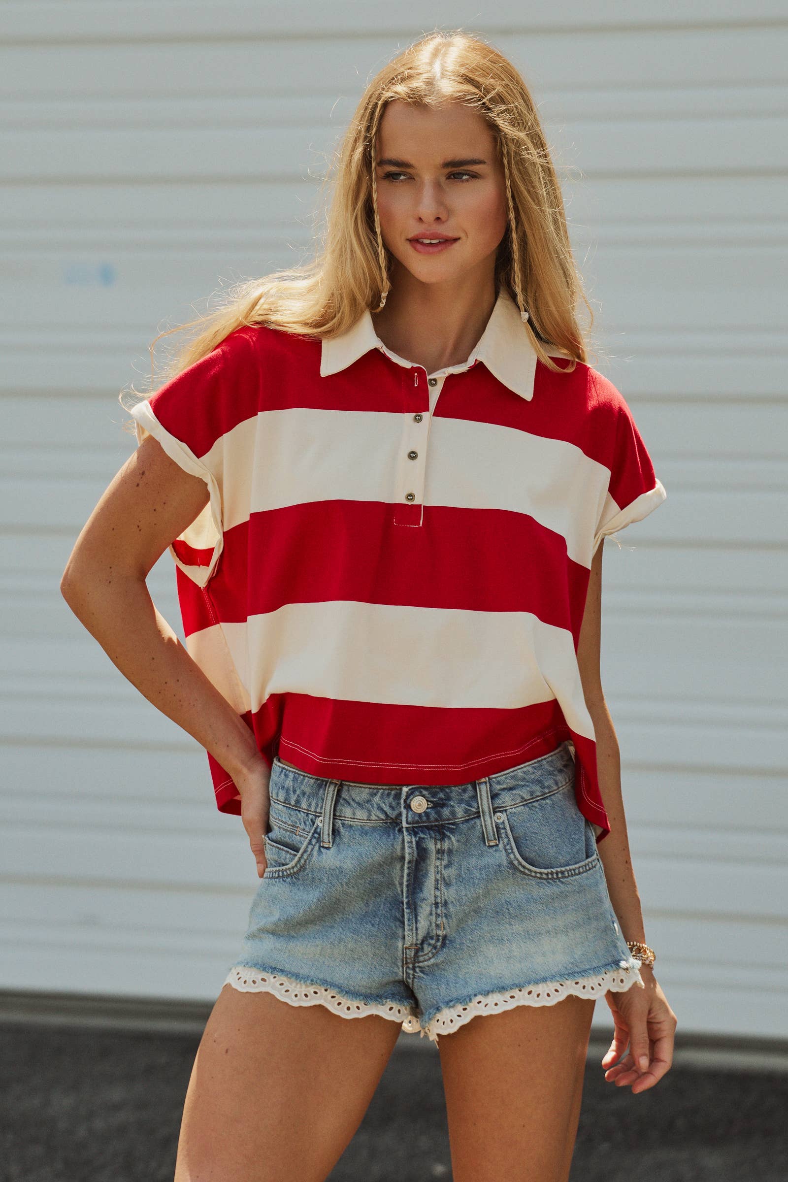 Dolman Sleeve Polo Shirt in Ivory Red