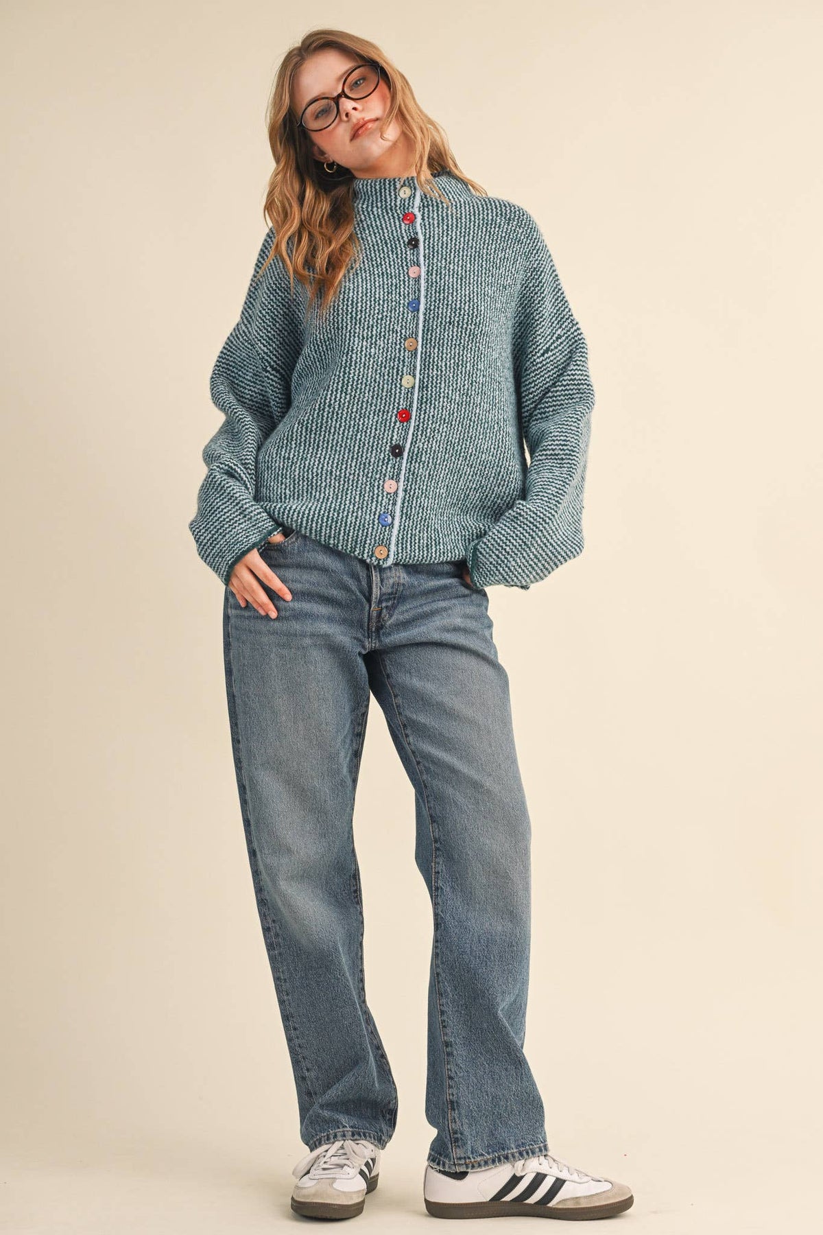 Striped Sweater Cardigan with Colorful Buttons