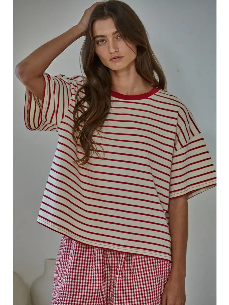 Striped Crew Neck Top in Natural Red