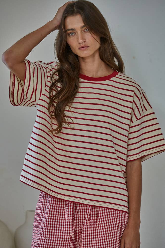 Striped Crew Neck Top in Natural Navy