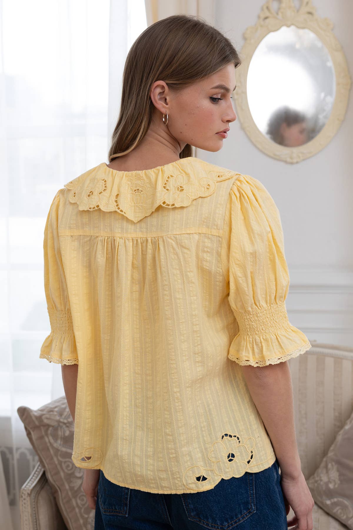 Embroidered Collar Button Blouse