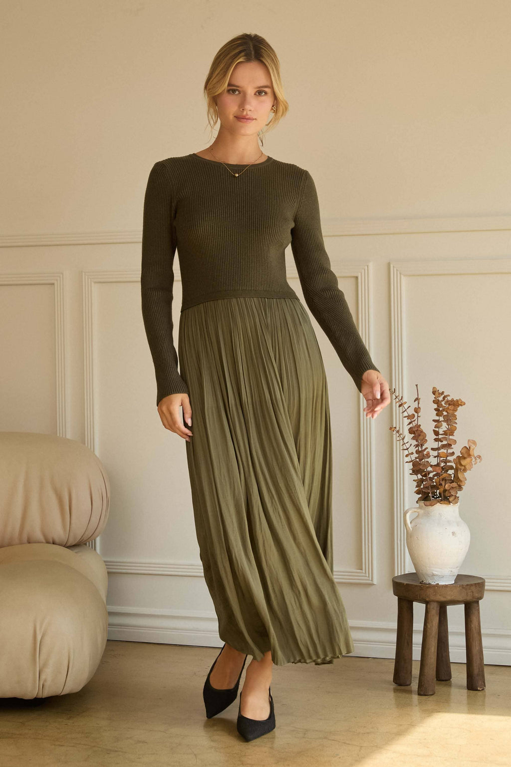 Mixed Media Long Sleeve Maxi Dress