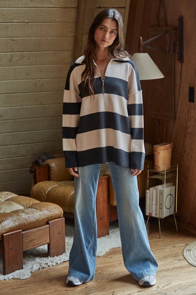 Knit Striped Turtleneck Half Zip Up Top