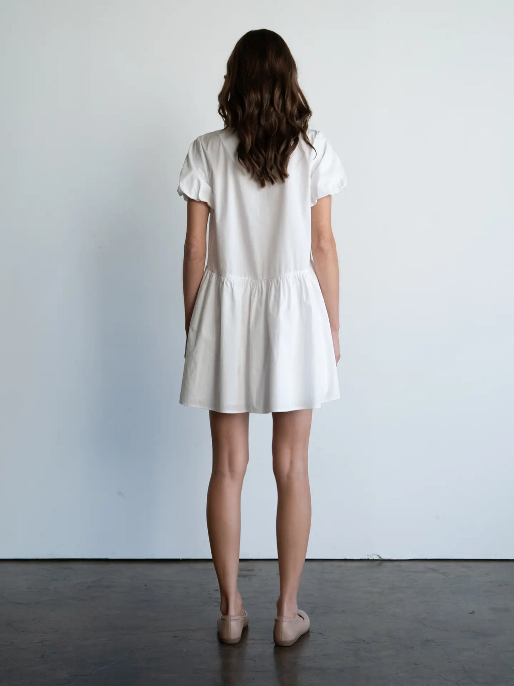 Ruched Neck Puff Short Sleeve Ruffled Mini Dress