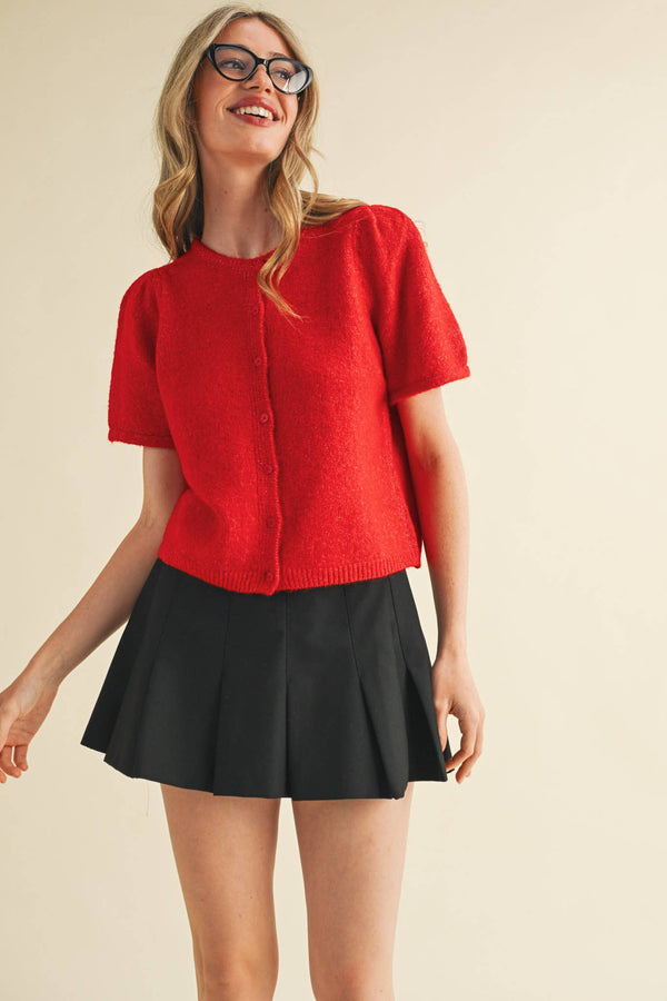 Short Puff Sleeve Sweater Cardigan