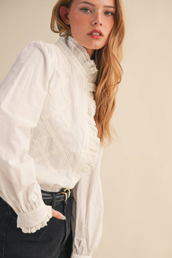 Ruffled Lace Trim Button Down Top