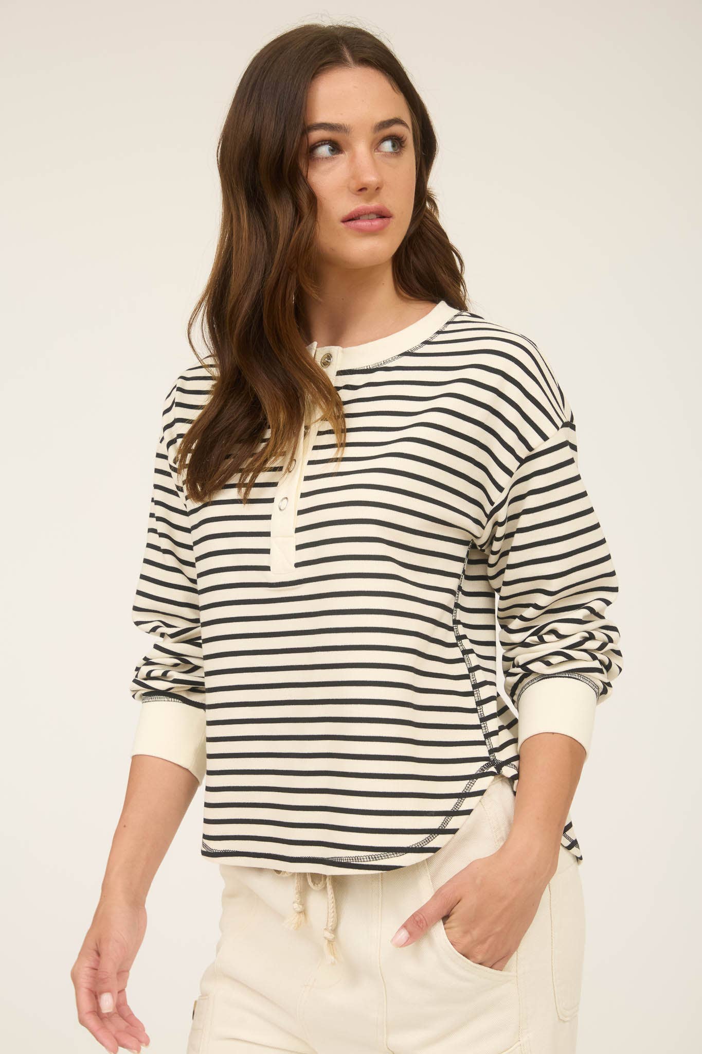 Stripe Henley Button Knit Top