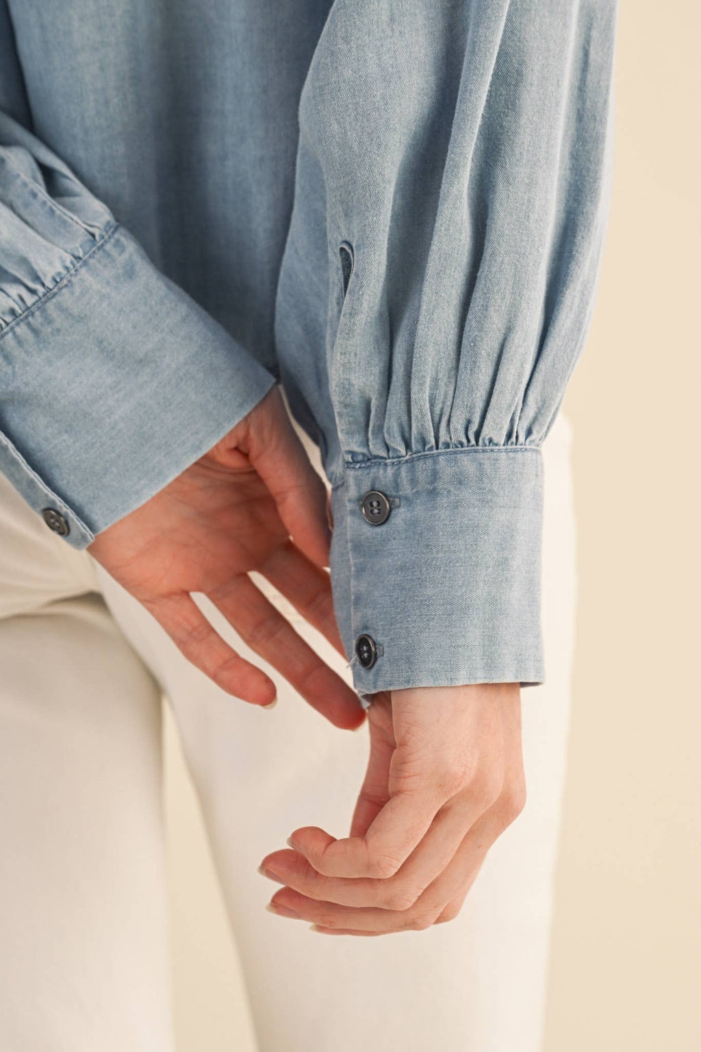 Chambray Pintuck Detail Button Down Top