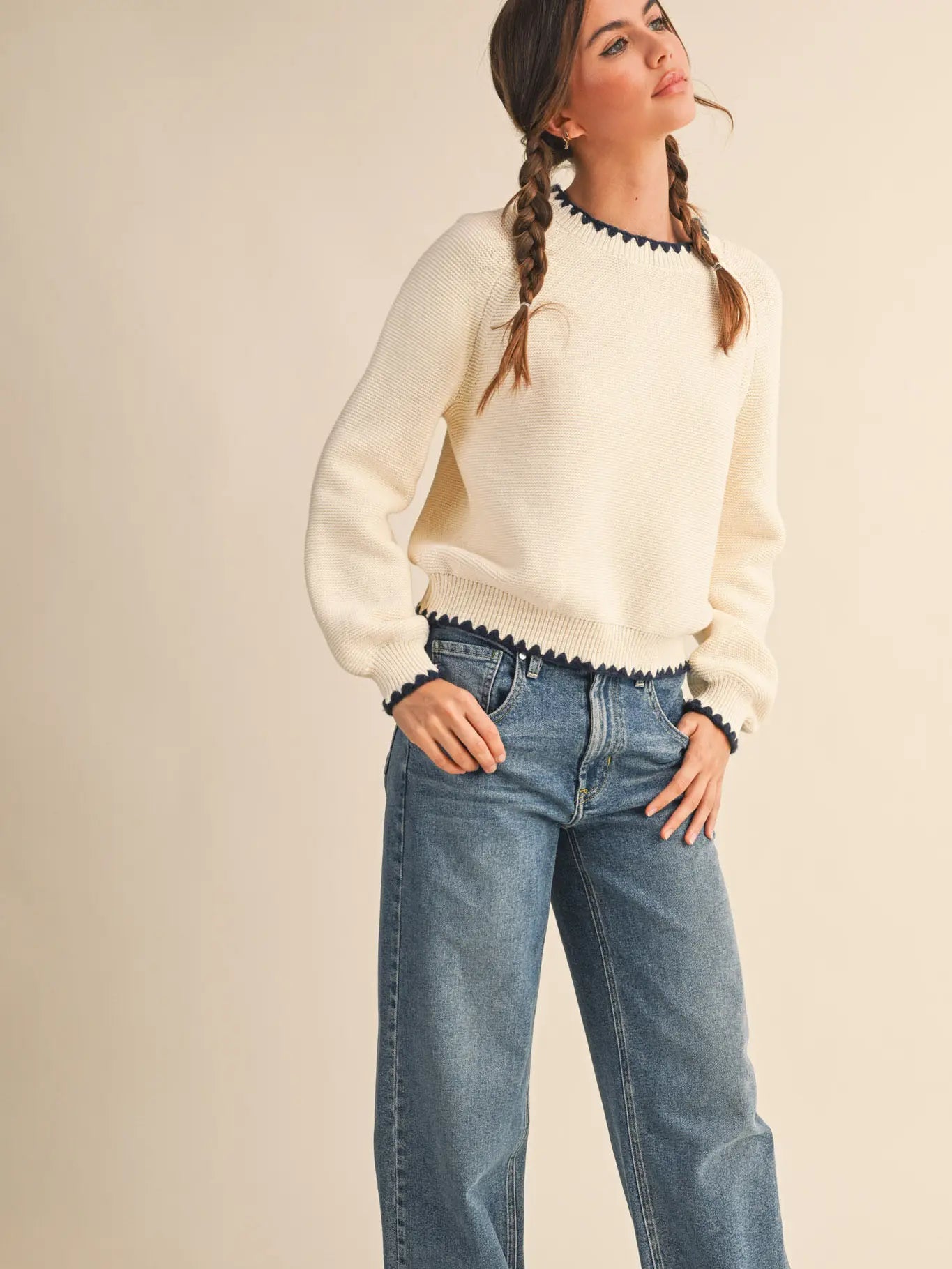 Contrast Stitch Puff Sleeve Sweater