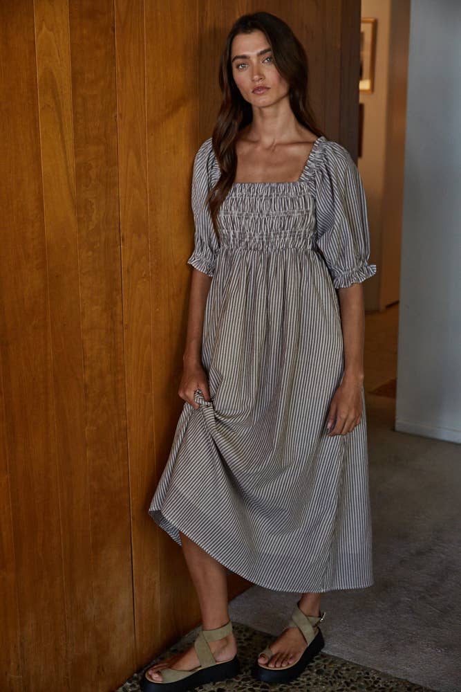Linen Striped Smocked Midi Dress