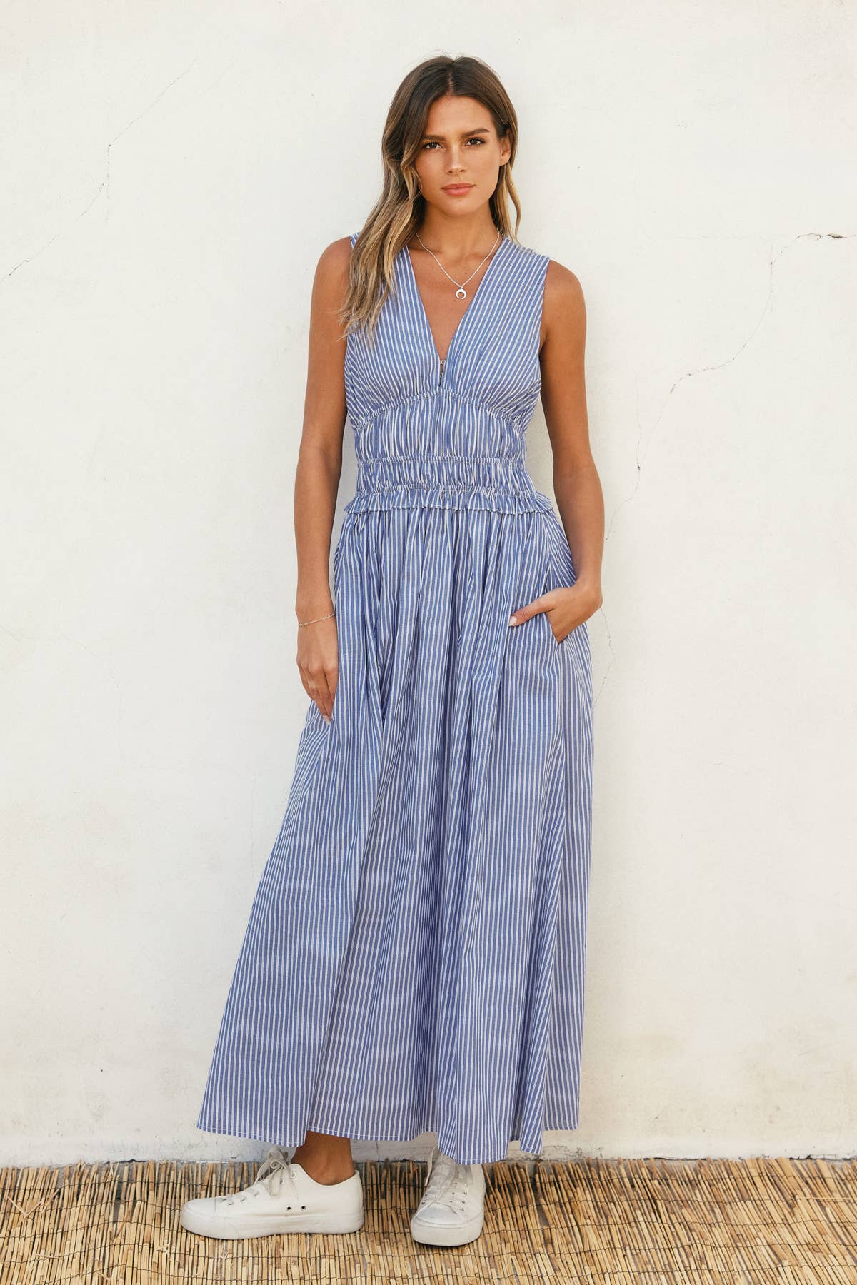 Striped Poplin Shirred Waist Midi Dress