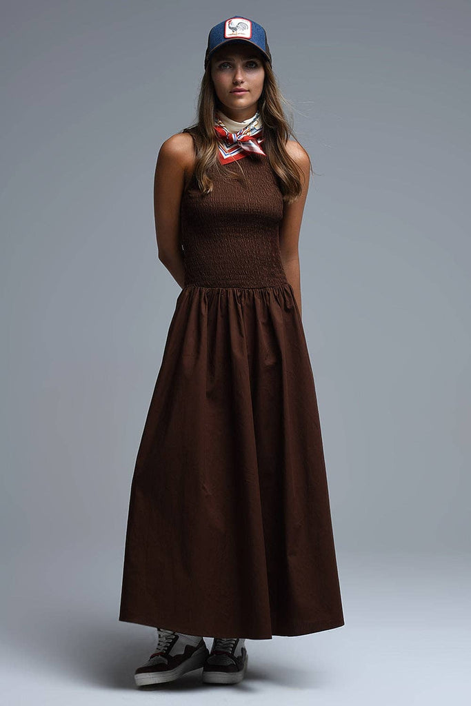 Maxi Brown Smocked Poplin Dress