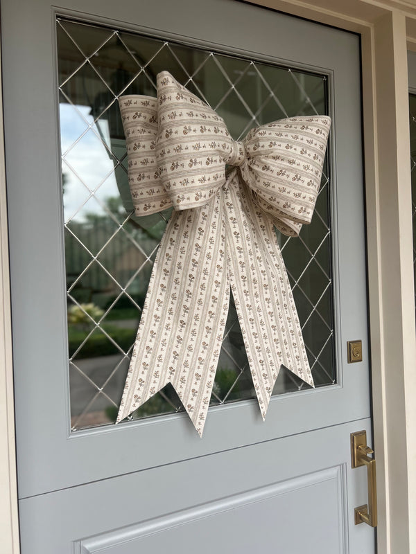 Tan and Blue Stripe and Floral Bow