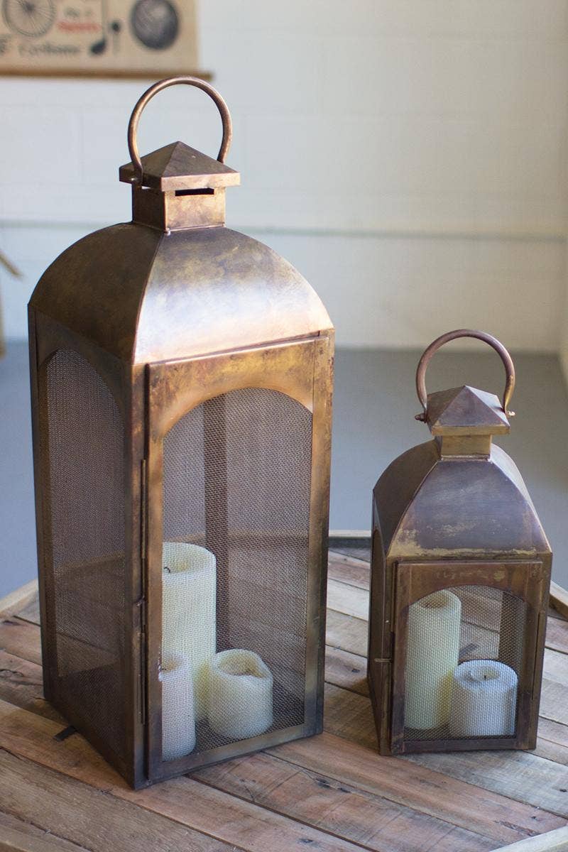 Antique Bronze Lantern with Wire Screen