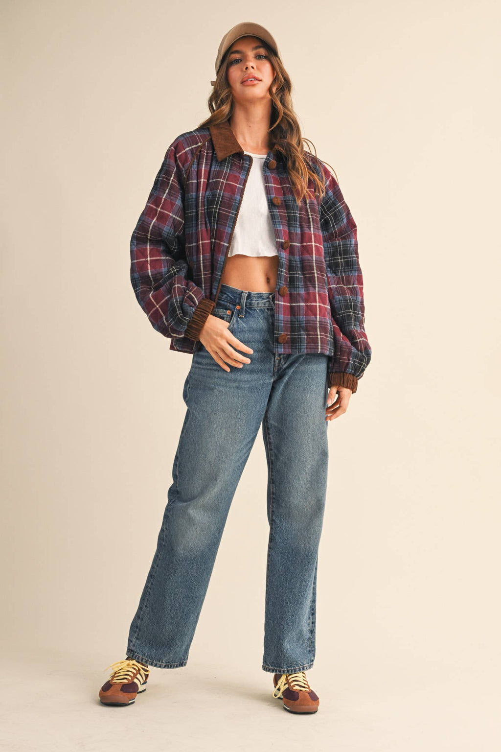 Plaid Quilted Jacket with Contrast Corduroy Detail