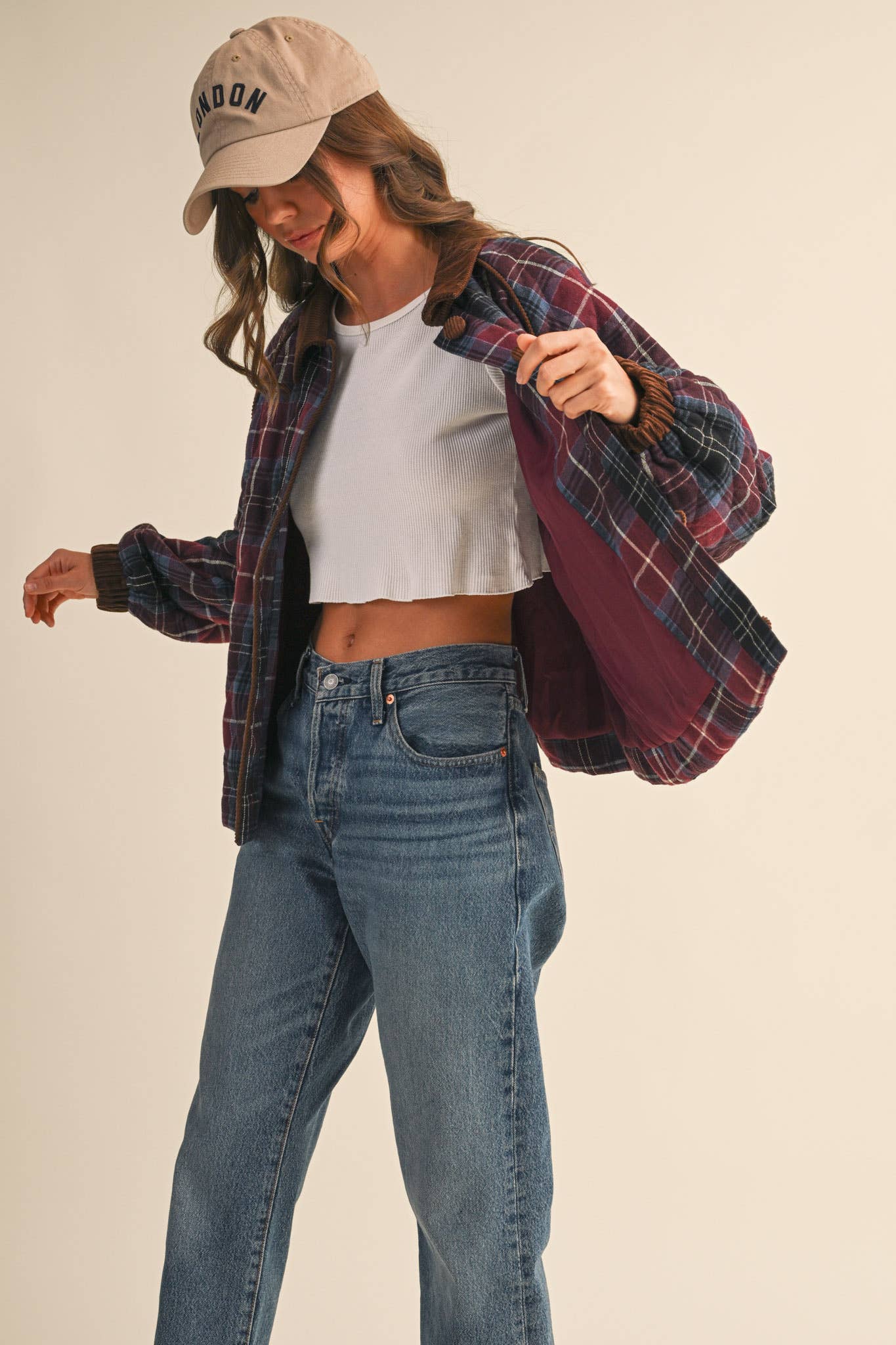 Plaid Quilted Jacket with Contrast Corduroy Detail