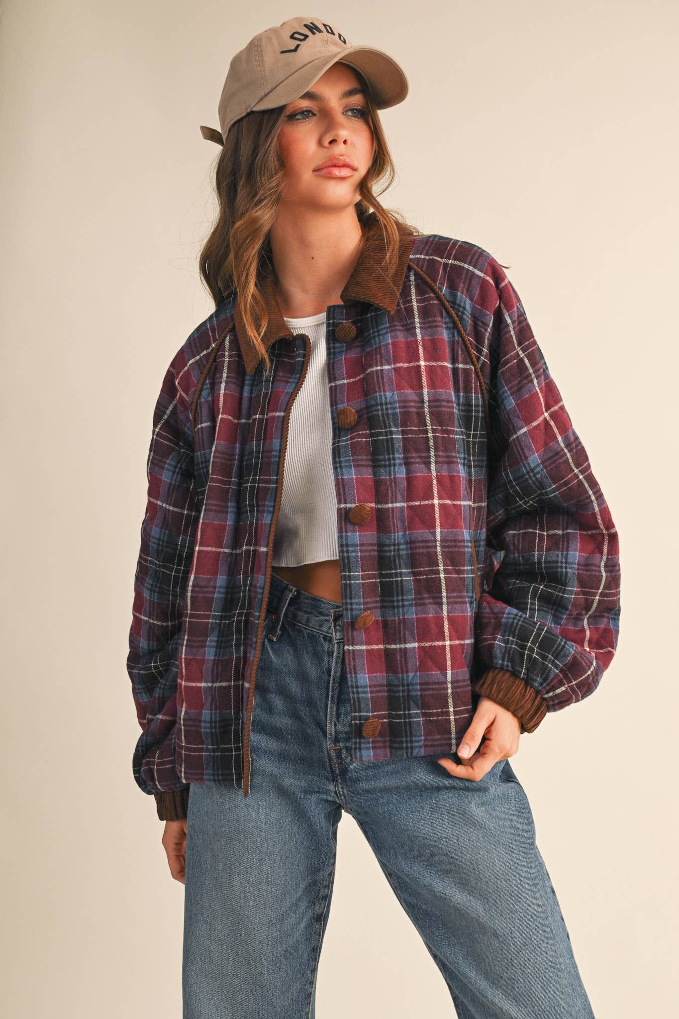 Plaid Quilted Jacket with Contrast Corduroy Detail