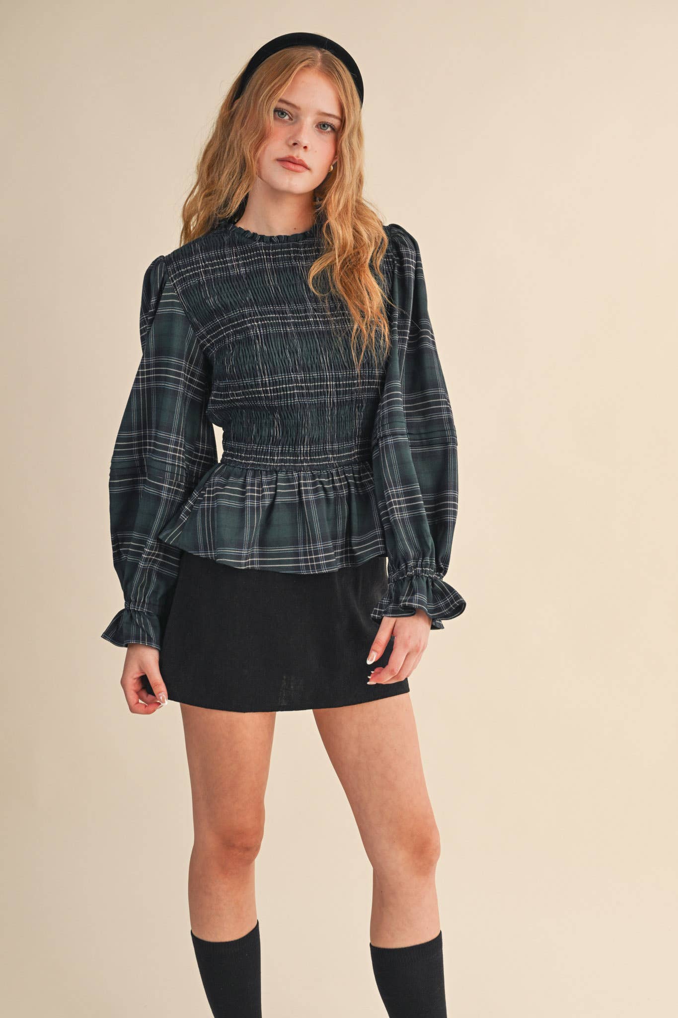Smocked Plaid Puff Sleeve Peplum Top