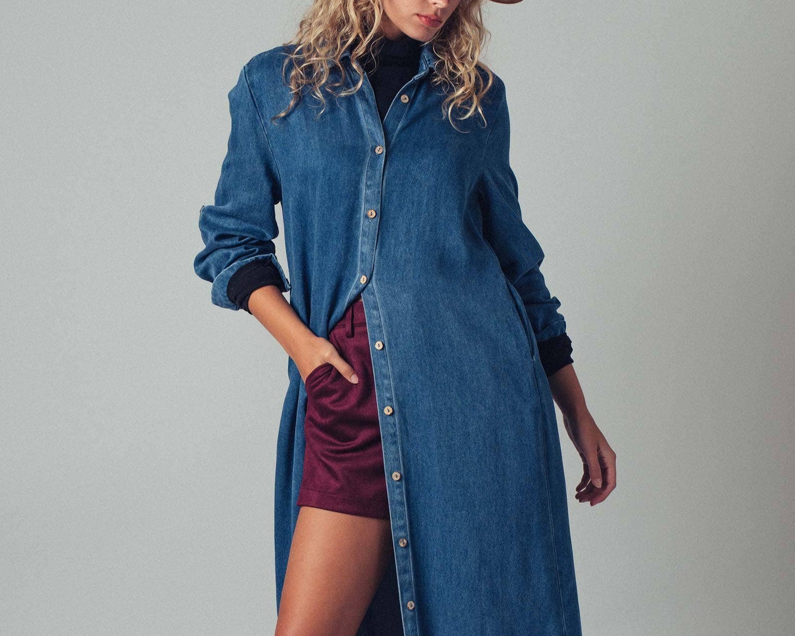 Button-Down Western Denim Midi Dress