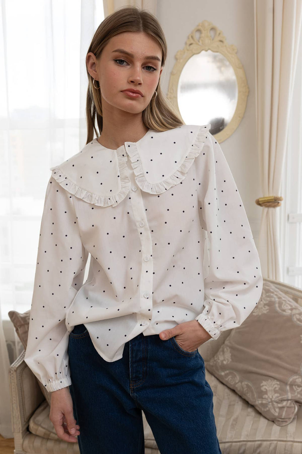 Polka Dot Ruffle Collar Blouse