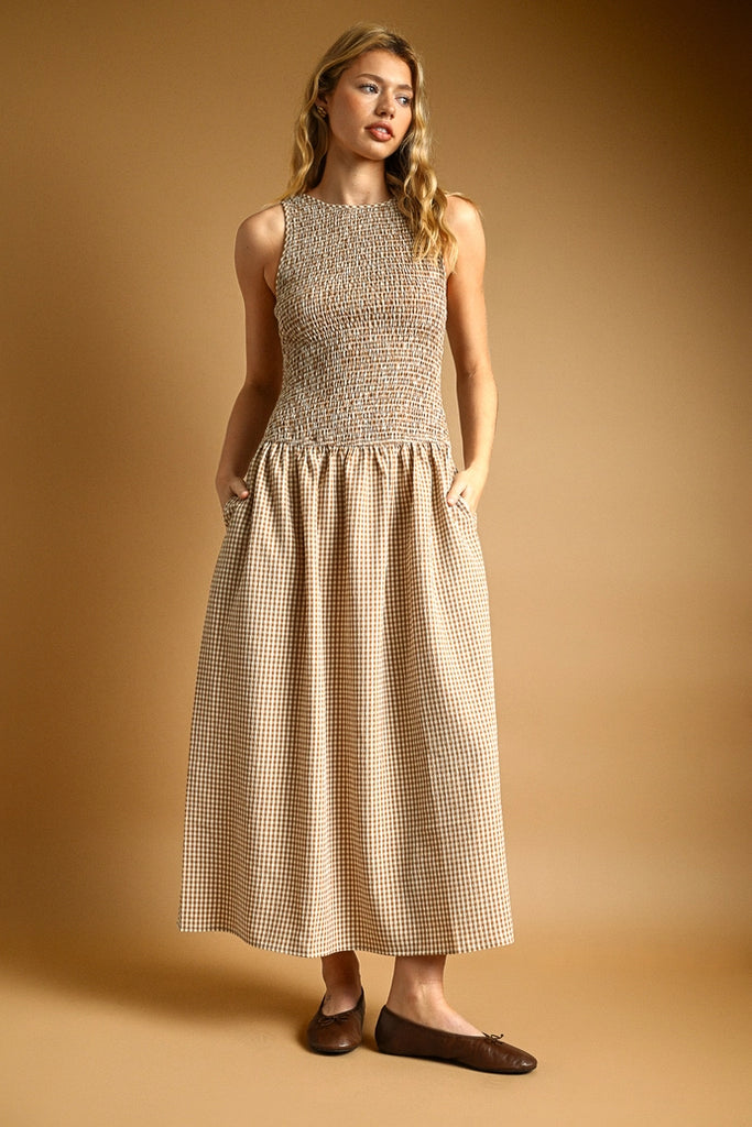 Mini Gingham Sleeveless Long Dress in Mocha