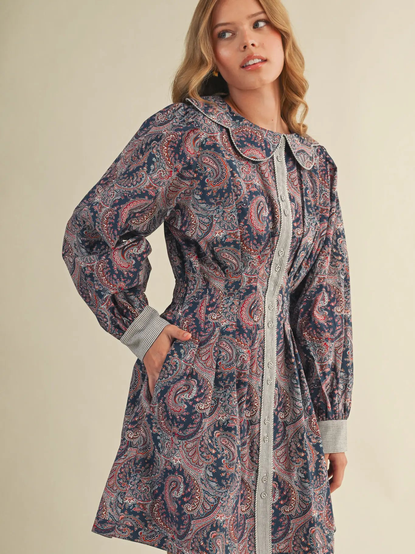 Paisley Pleated Waist Flared Mini Dress