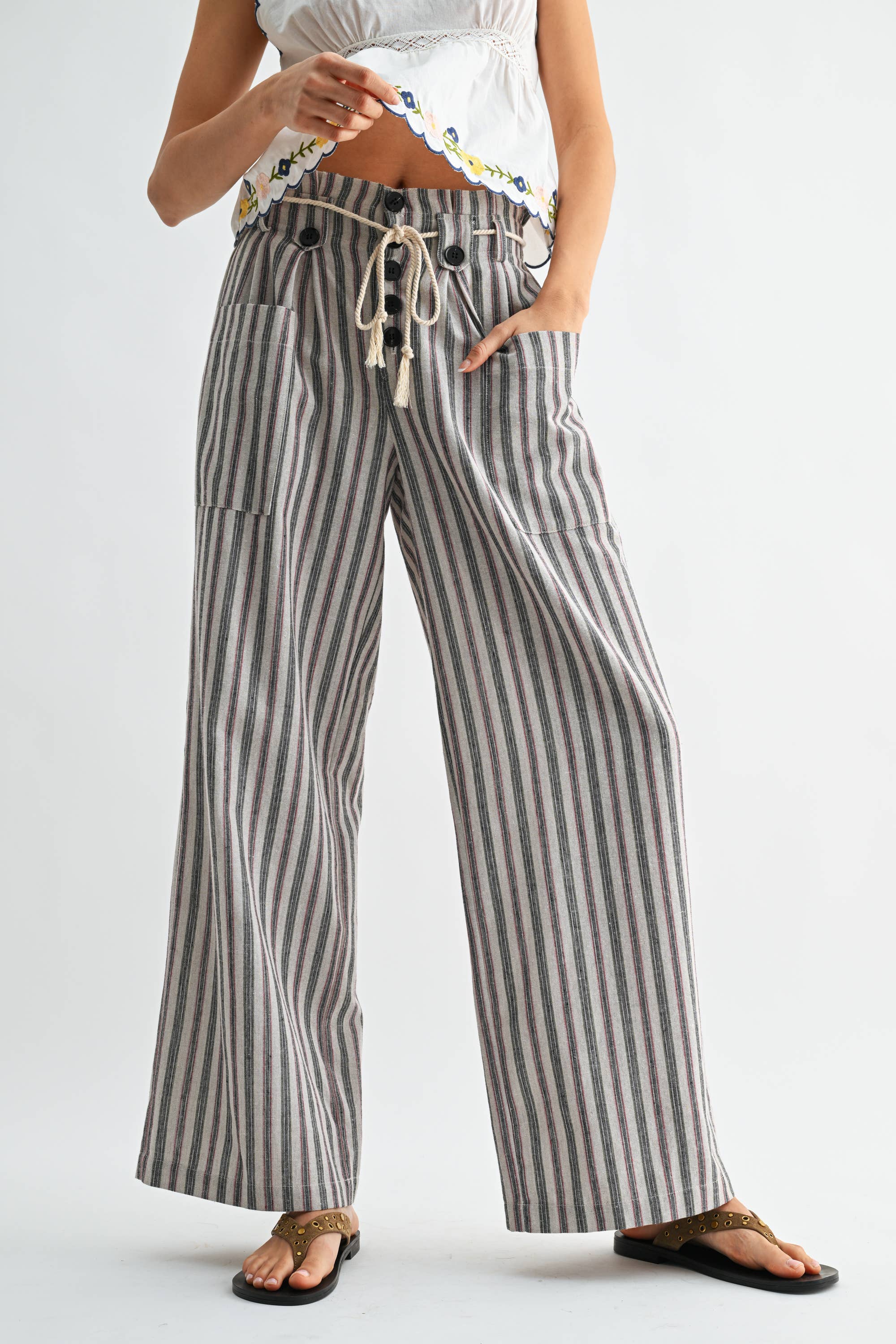 Drawstring Striped Wide Leg Pants