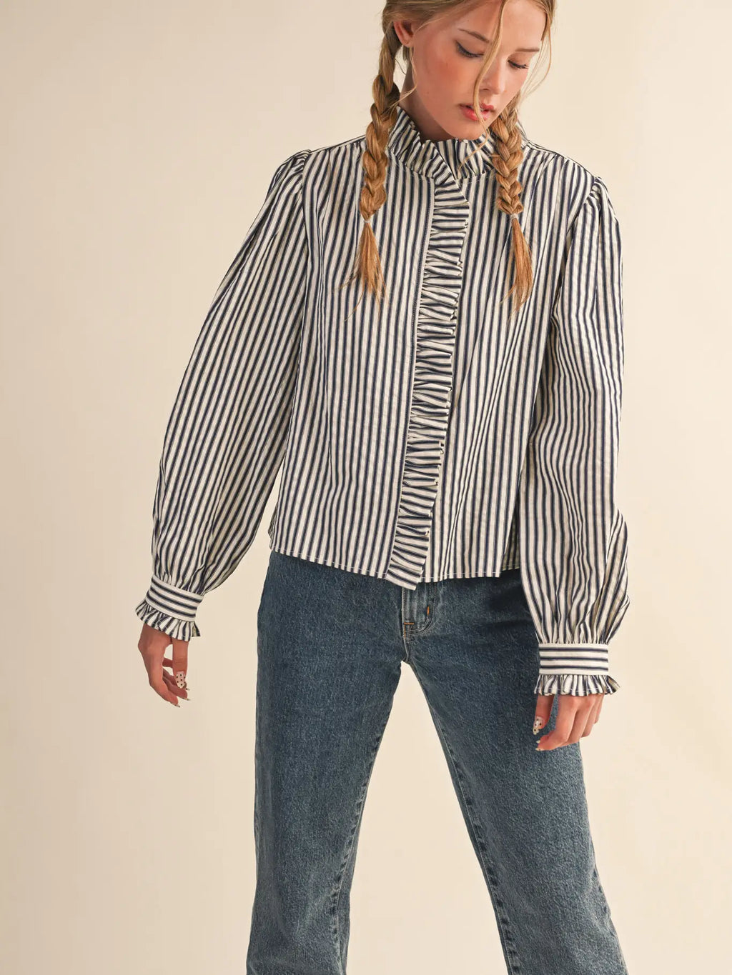 Striped Ruffled Button Down Top in Denim Blue Stripe