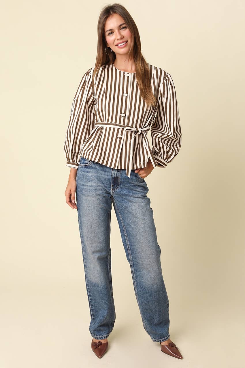 Benica Striped Belted Peplum Blouse