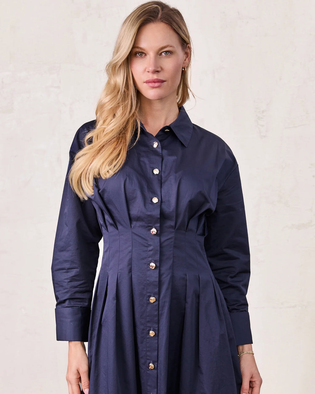 Pleated Waist Button Down Midi Dress