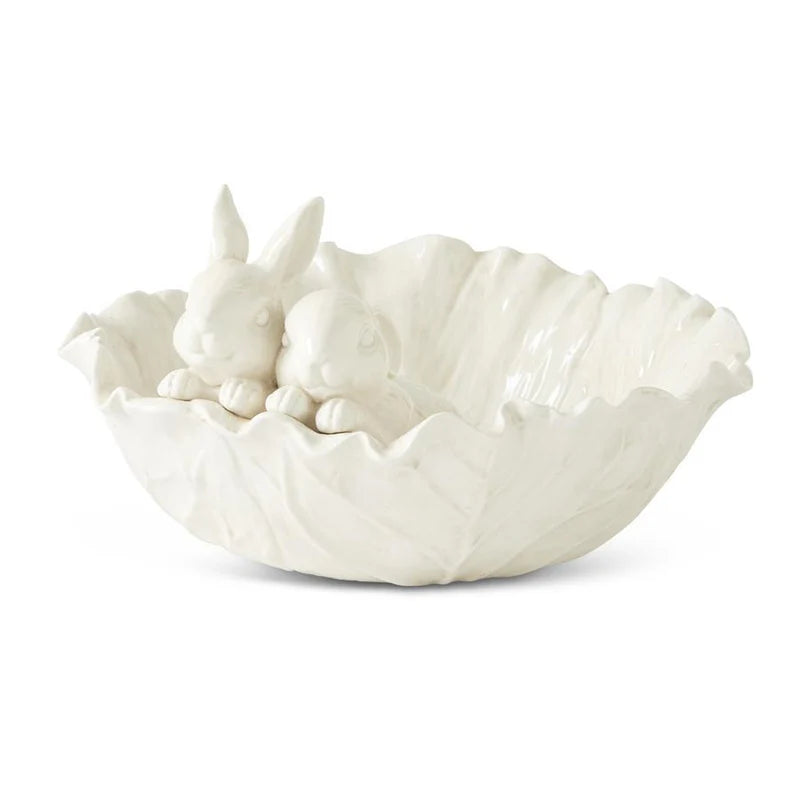 Antiqued White Dolomite Rabbit Cabbage Bowl