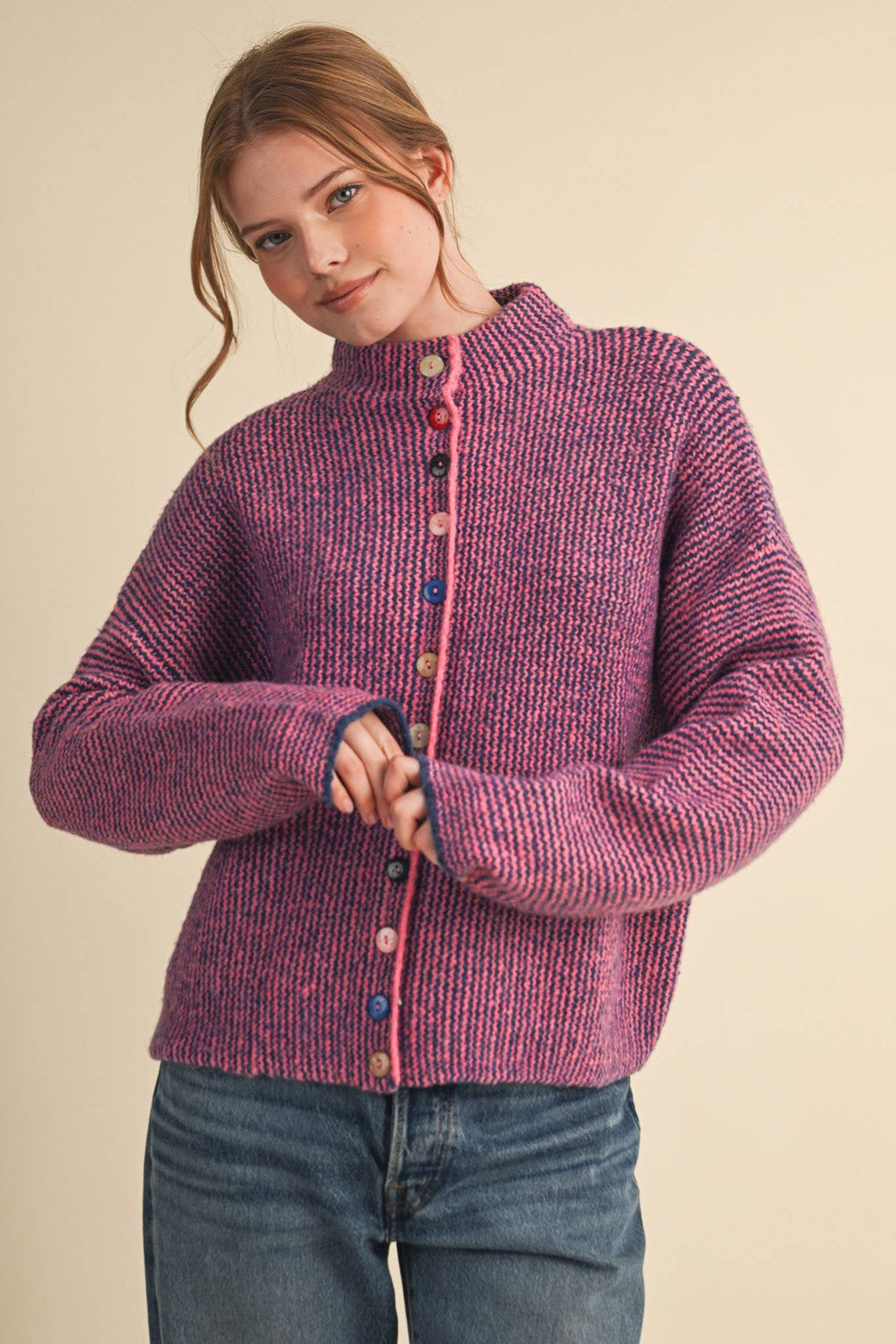 Striped Sweater Cardigan with Colorful Buttons