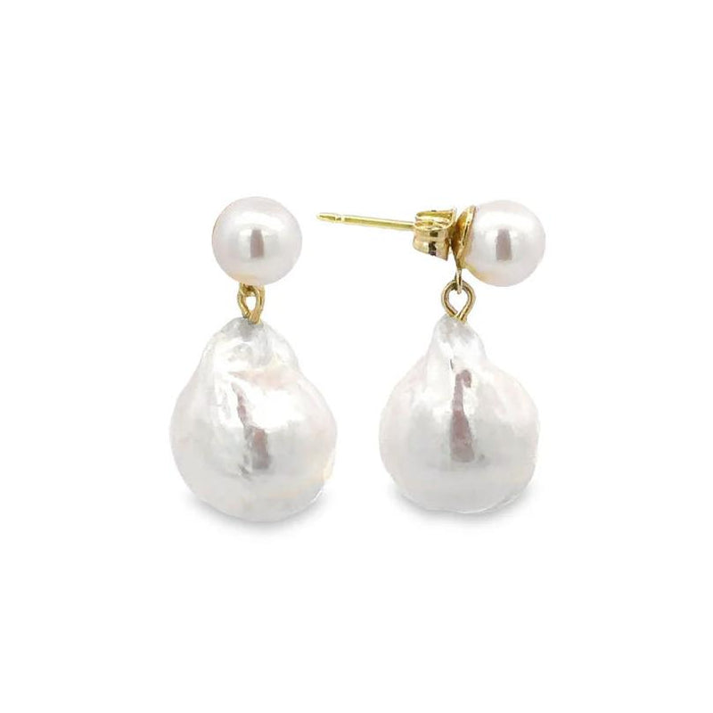 Double Round & Baroque Pearl Dangle Earrings