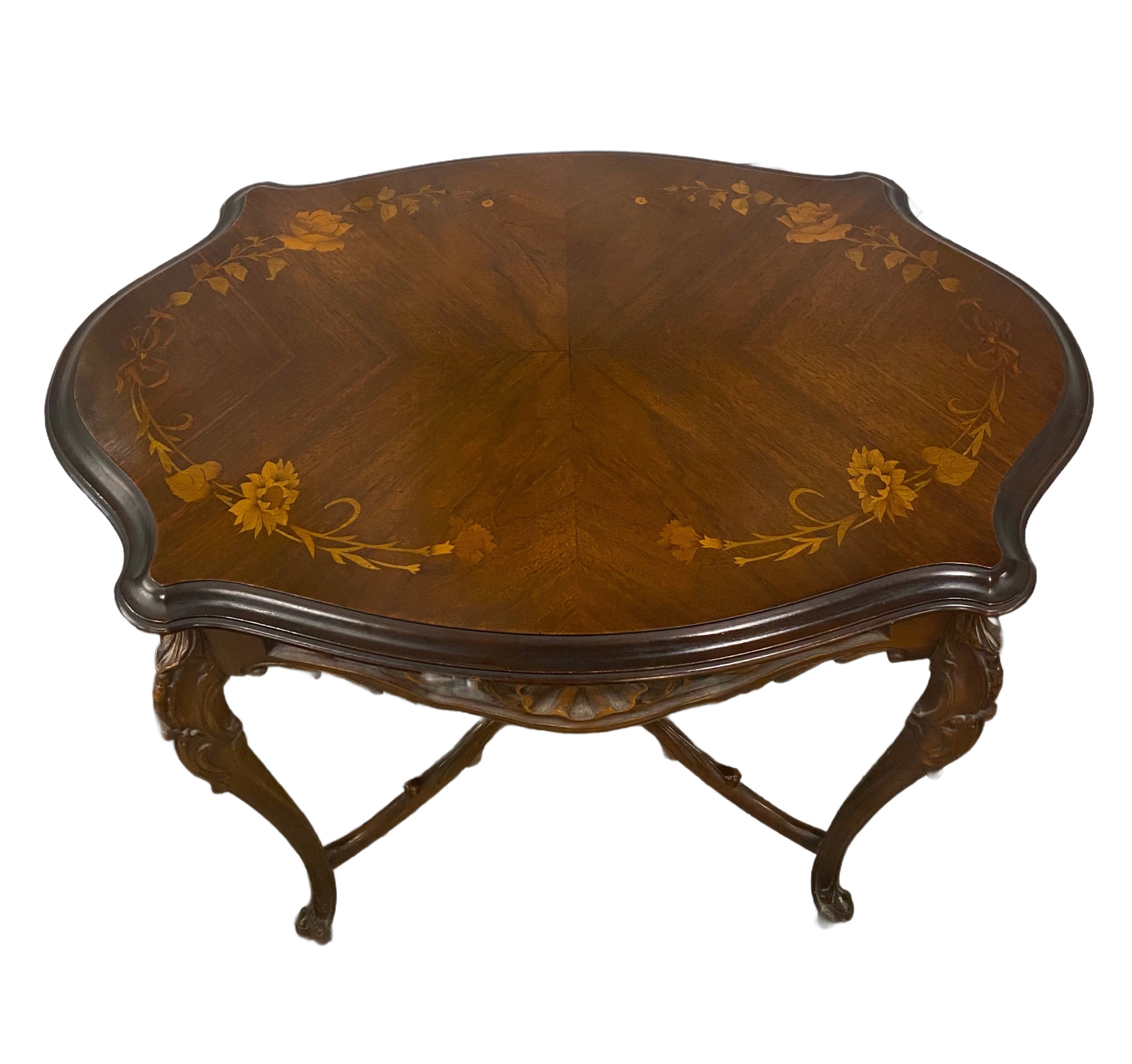 French Inlaid Hand Carved Walnut Table