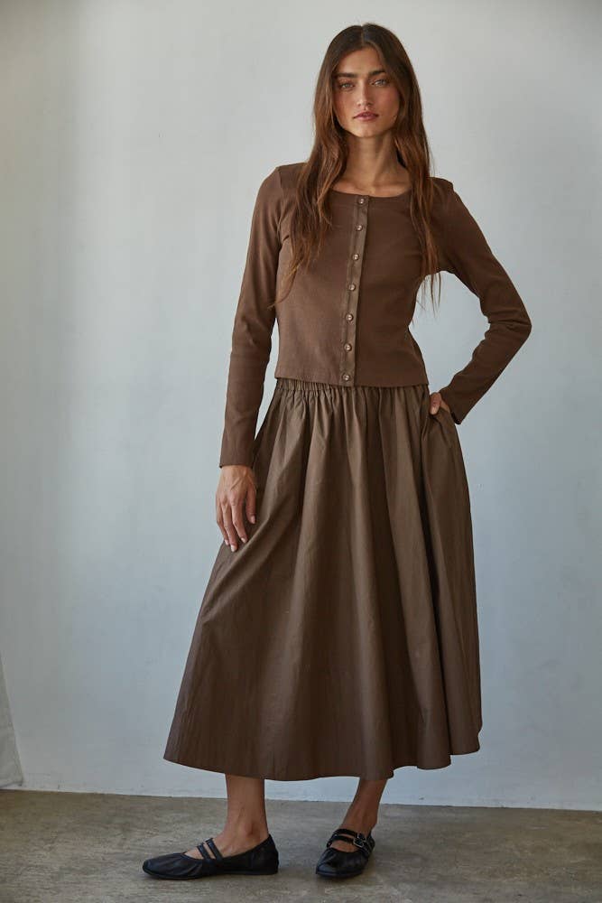 Woven Waist Flare Midi Skirt