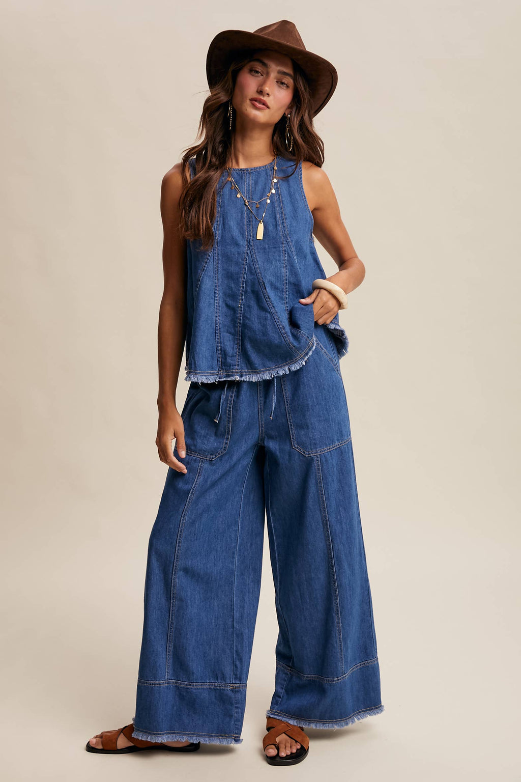 Washed Denim Tank & Wide-Leg Pants Set