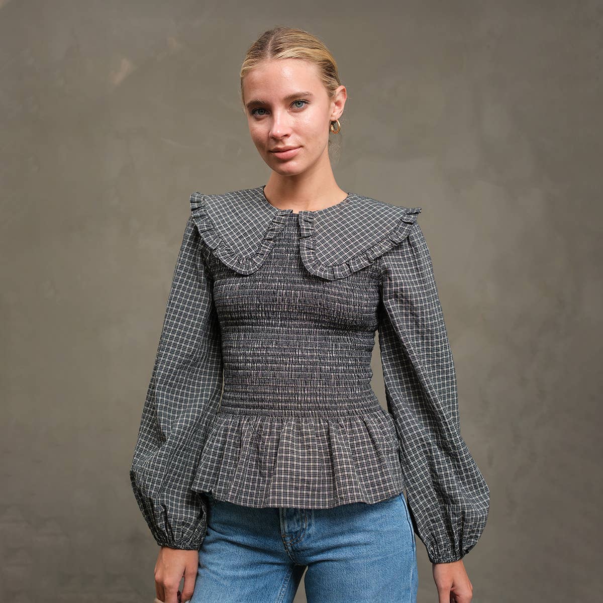 Check Blouse with Peter Pan Collar