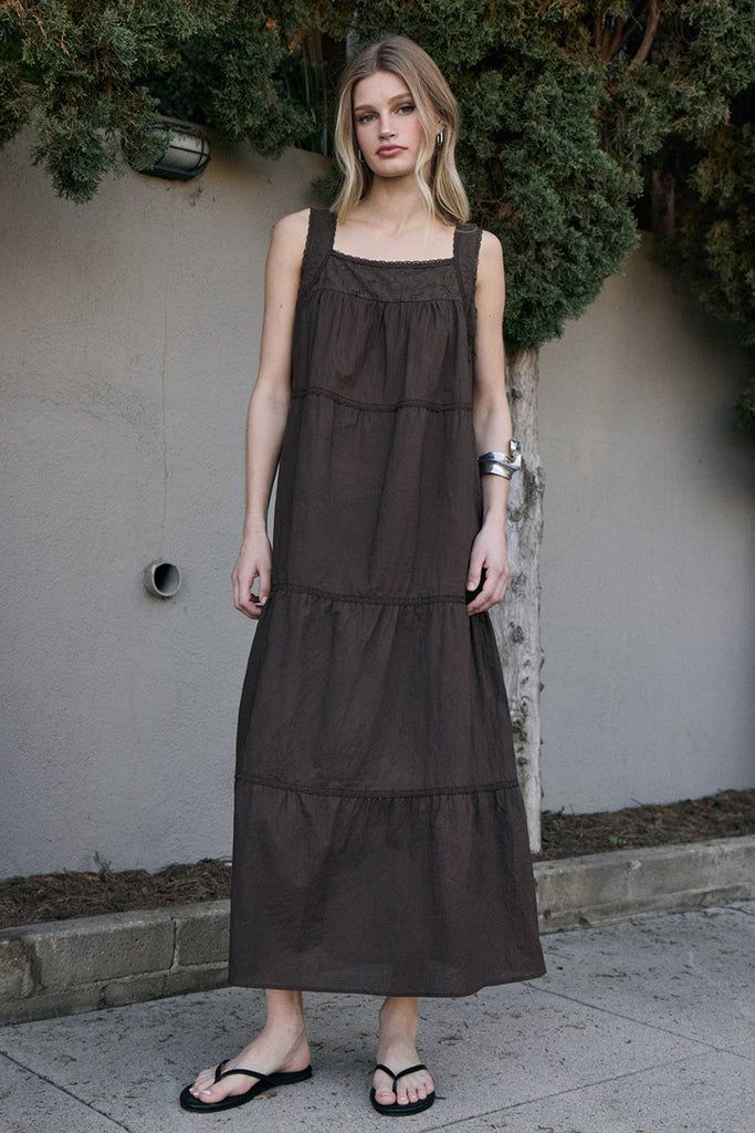 Lace Trim Tiered Maxi Dress in Chocolate